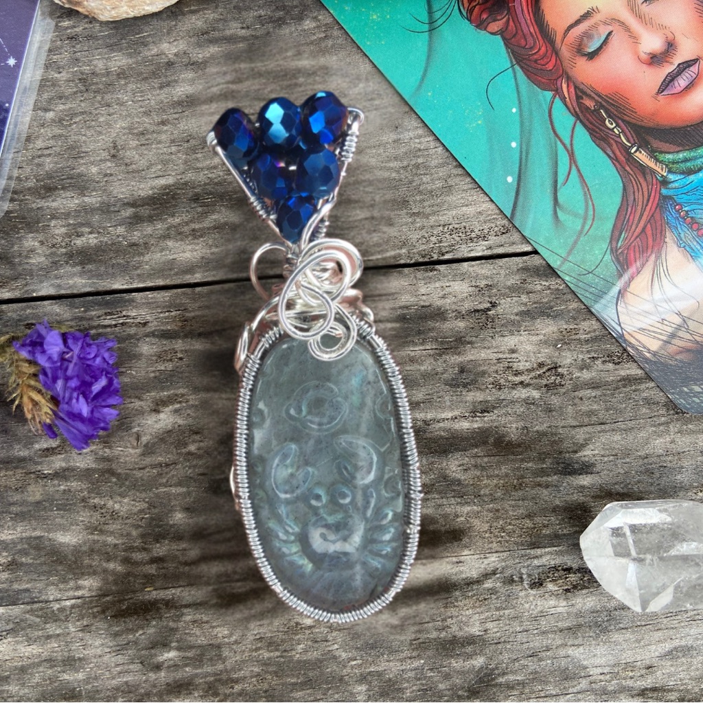 Wire Wrapped Flash Labradorite Cancer Zodiac Necklace